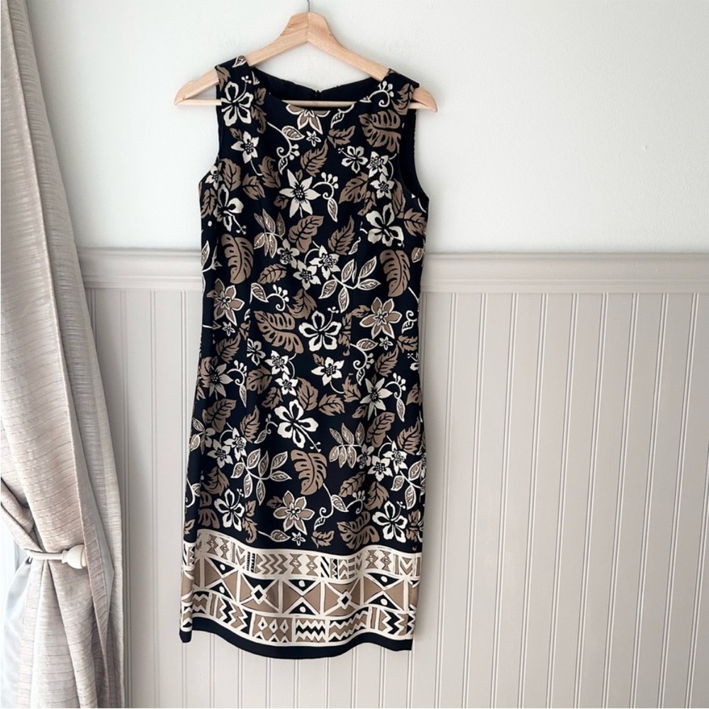 Vintage 100% Silk Elegant David Warren Floral Black Tan Midi Dress size 8